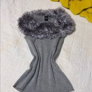 Silver Knit Top with Faux Fur Collar